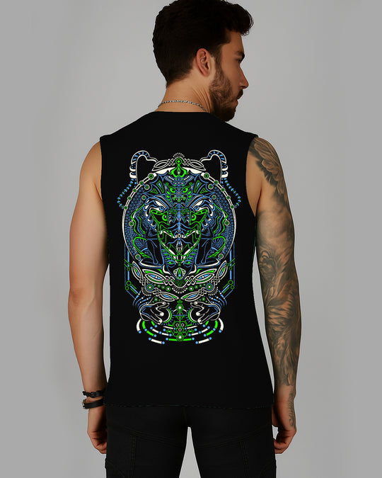 Man wearing a black sleeveless shirt with a green and blue graphic design on the back against a gray background
