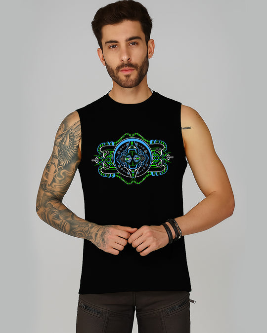 Man wearing a black sleeveless shirt with a colorful design on a gray background