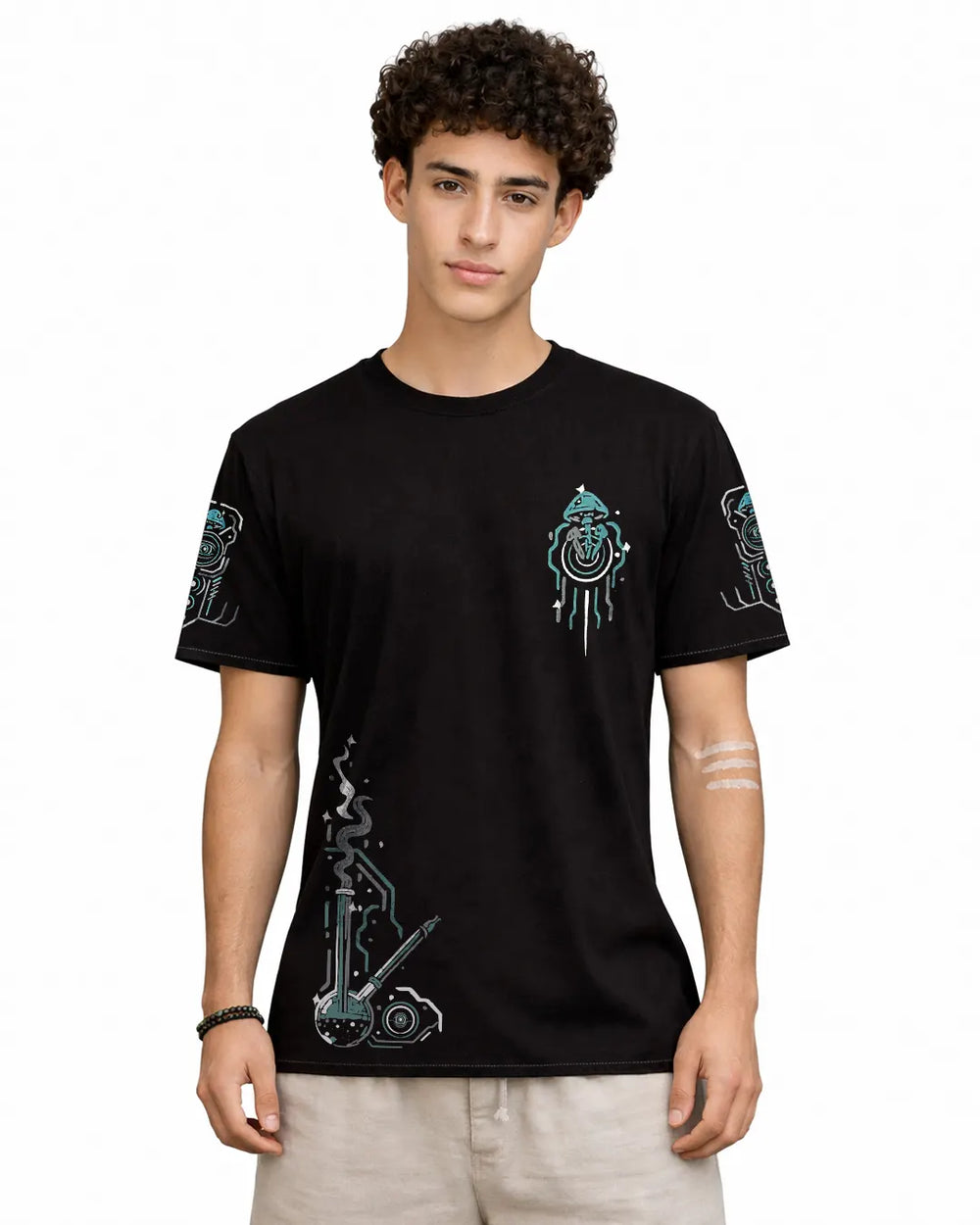 Person wearing a black t-shirt with graphic designs on a white background