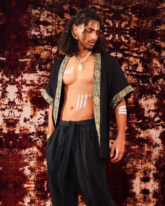 Unisex Black Shipibo Pattern Boho Kimono | Festival Clothing