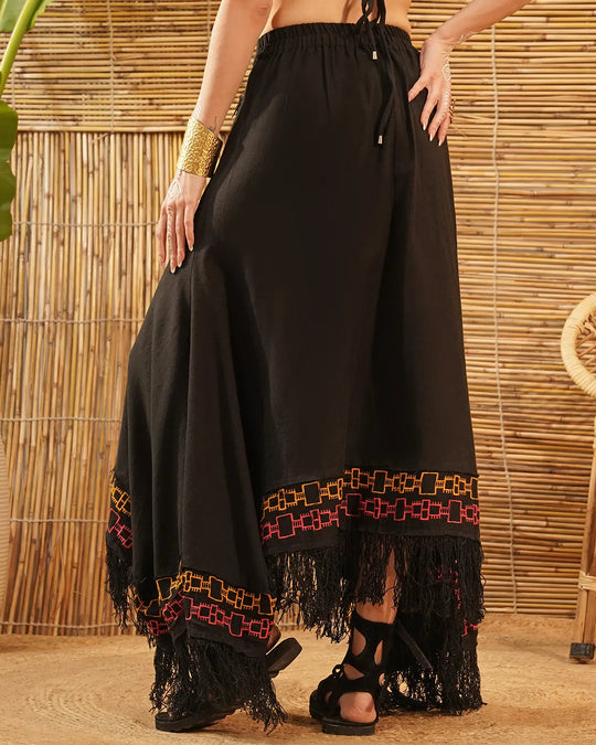 Tribal Aya Embroidered Long Skirt | Black Slit Maxi