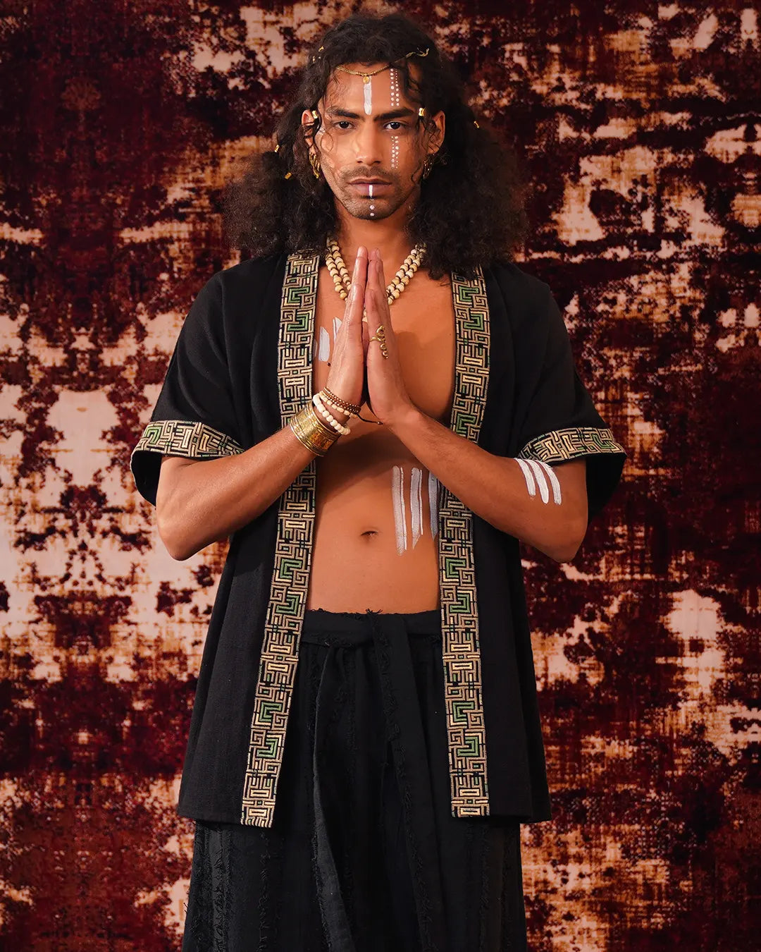 Unisex Black Shipibo Pattern Boho Kimono | Festival Clothing