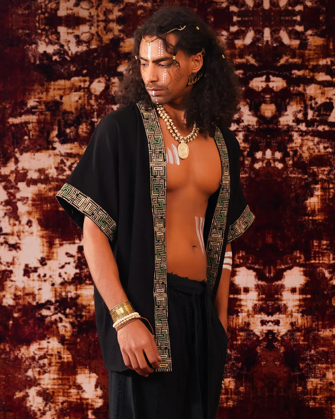 Unisex Black Shipibo Pattern Boho Kimono | Festival Clothing