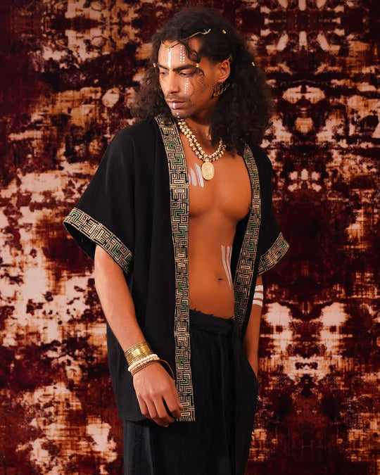 Unisex Black Shipibo Pattern Boho Kimono | Festival Clothing