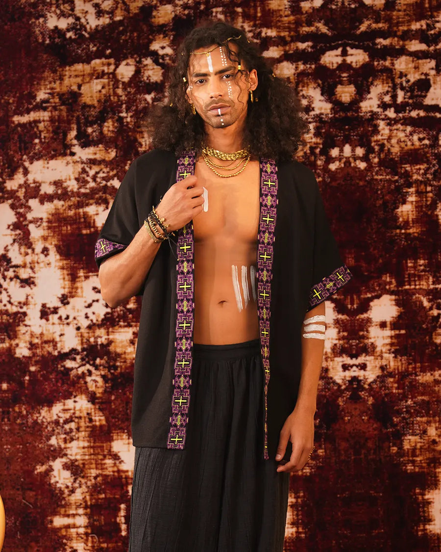 Men Black Aya Pattern Boho Kimono | Festival Clothing