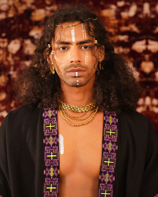 Unisex Black Aya Pattern Boho Kimono | Festival Clothing