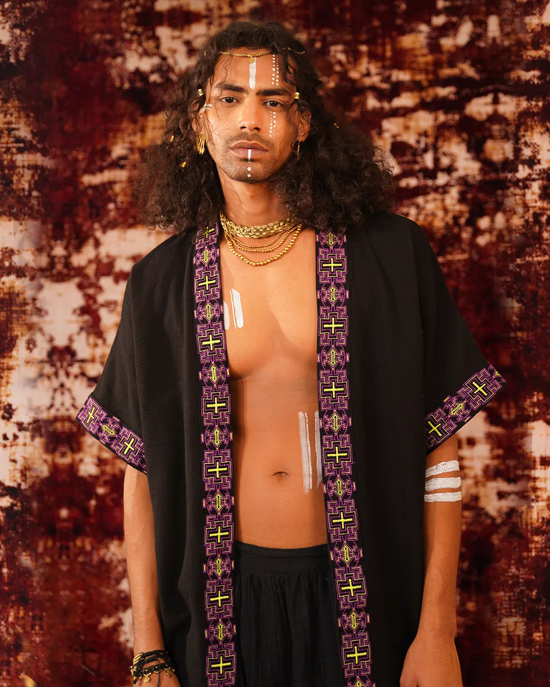 Unisex Black Aya Pattern Boho Kimono | Festival Clothing