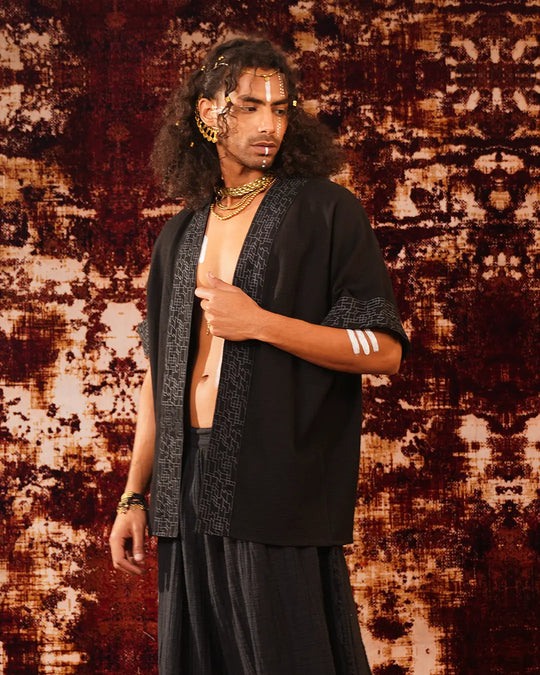 Unisex Black Boho Geometric Print Kimono | Festival Clothing