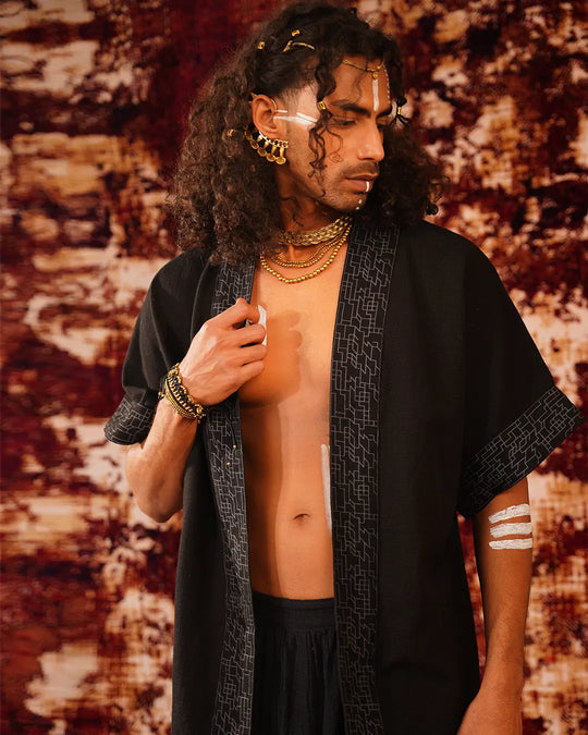 Unisex Black Boho Geometric Print Kimono | Festival Clothing