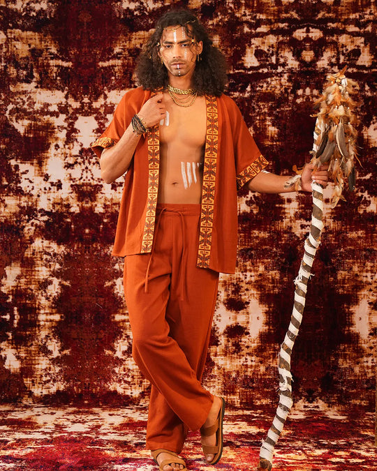 Unisex Rust Orange Tribal Pattern Boho Kimono | Festival Clothing