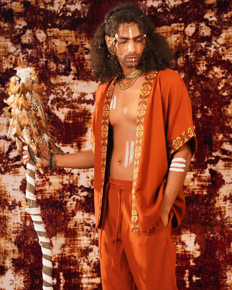 Men Rust Orange Tribal Pattern Boho Kimono | Festival Clothing