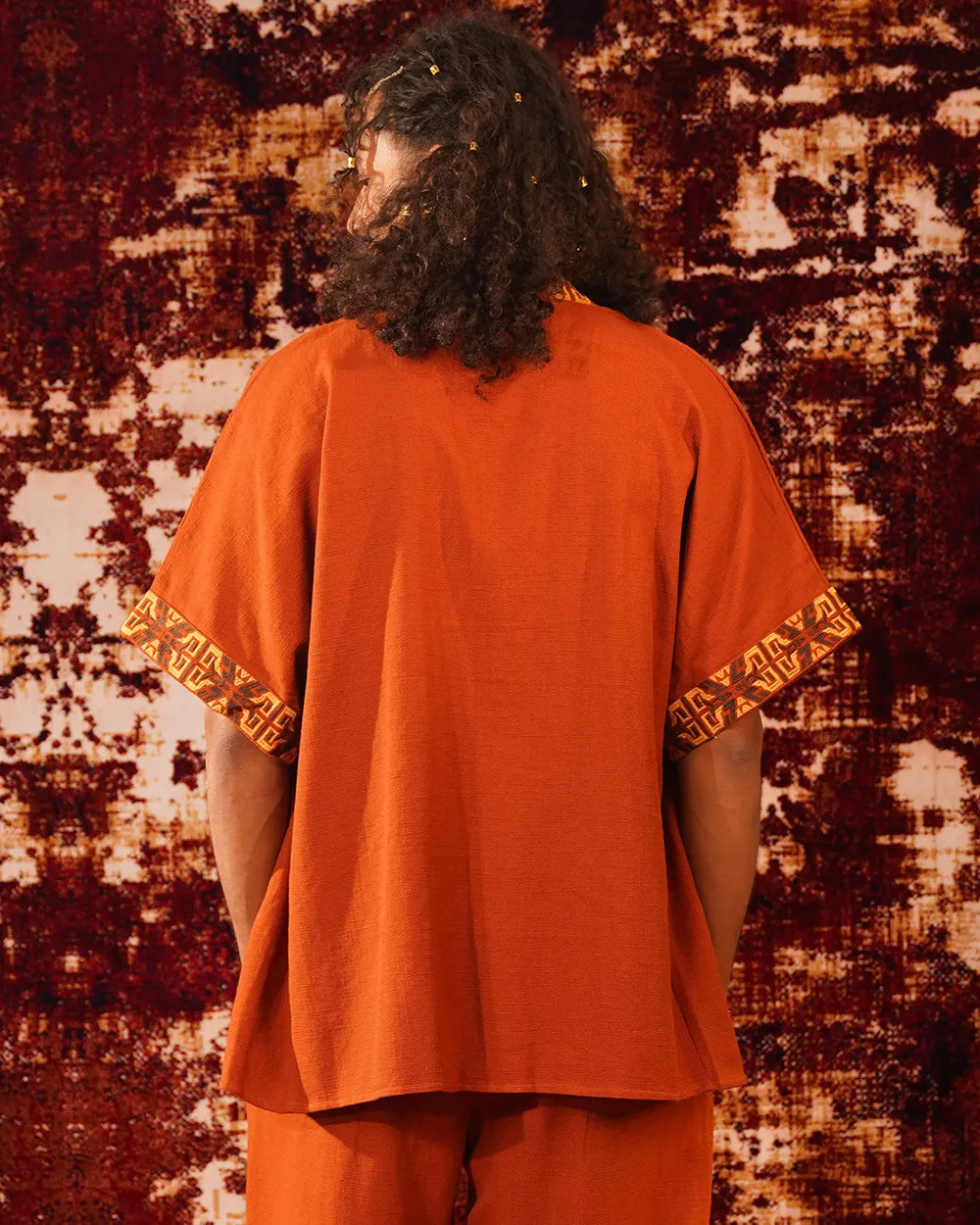 Unisex Rust Orange Tribal Pattern Boho Kimono | Festival Clothing