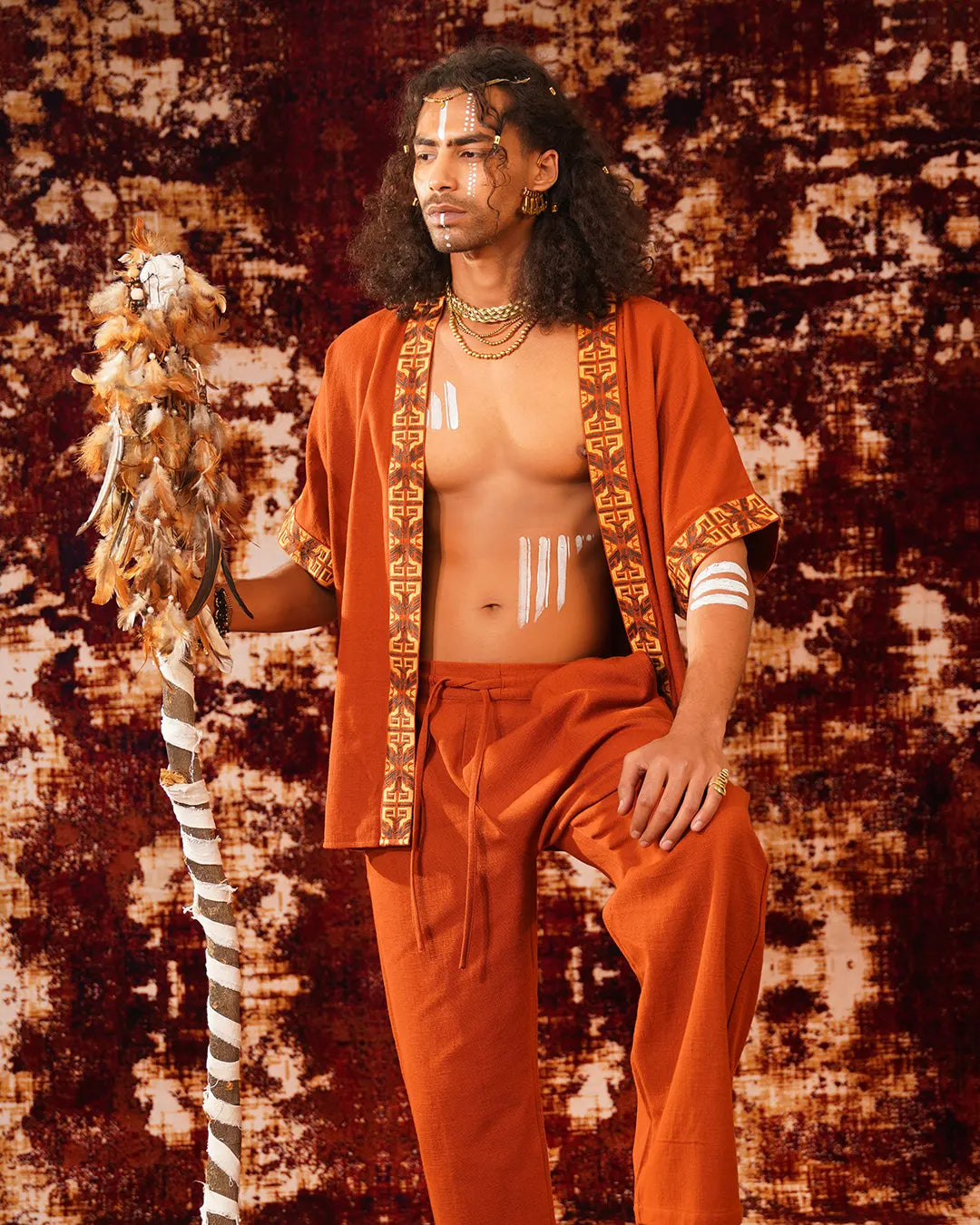 Unisex Rust Orange Tribal Pattern Boho Kimono | Festival Clothing