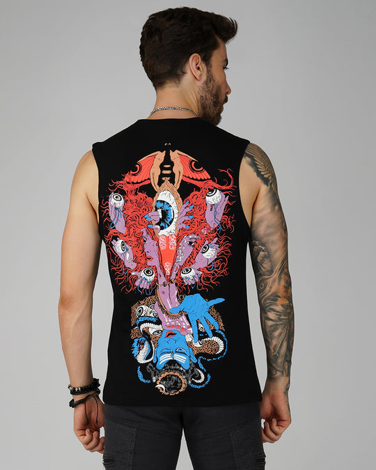 A male model wearing a black tank top with a psychedelic art print depicting multiple arms and eyes on the front.