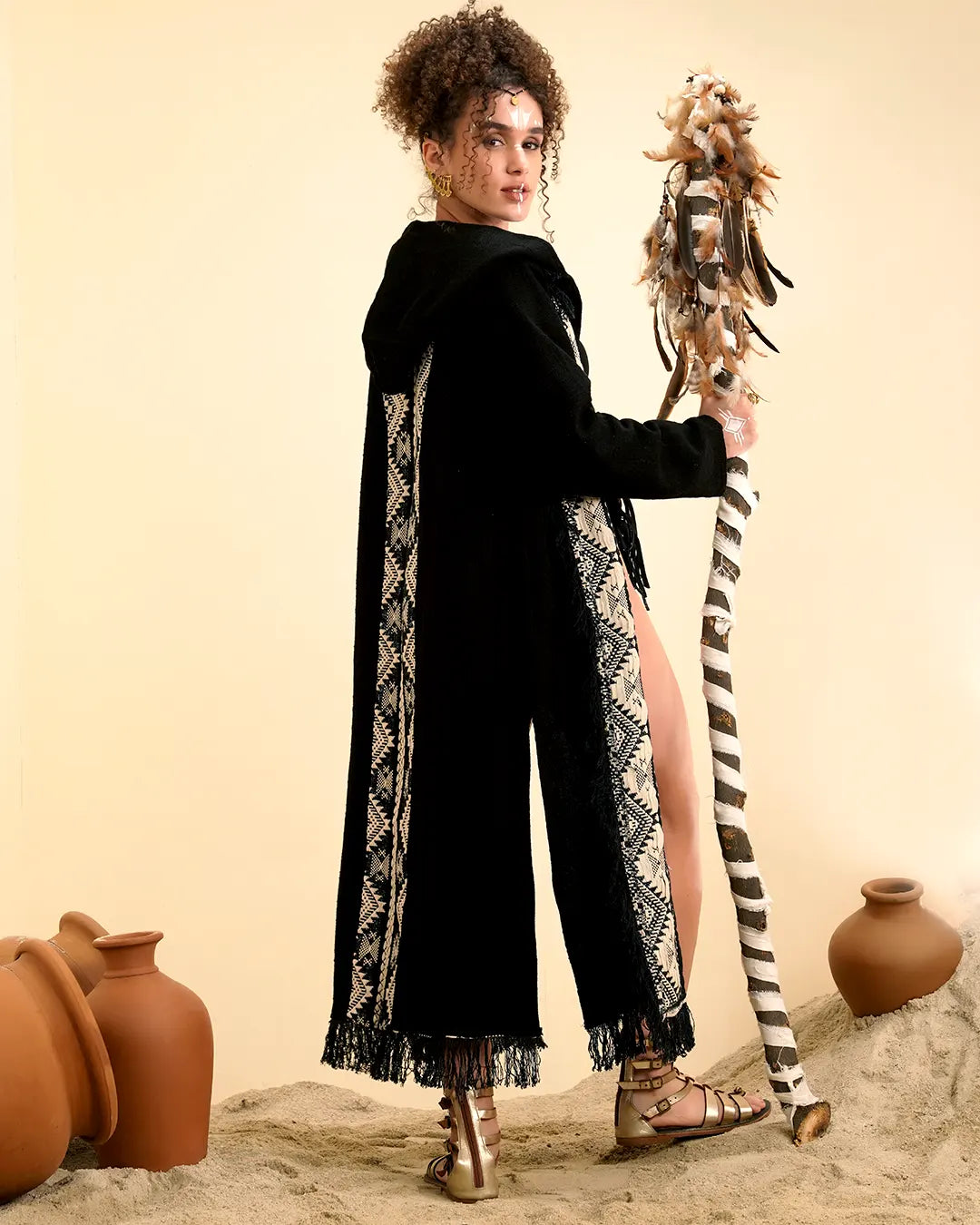 Unisex Long Hooded Kimono | Black Embroidered