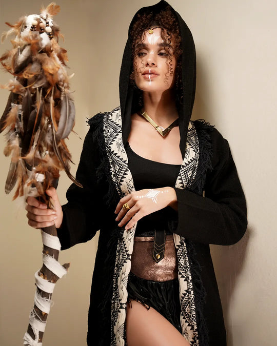 Unisex Long Hooded Kimono | Black Embroidered