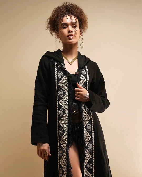 Unisex Long Hooded Kimono | Black Embroidered