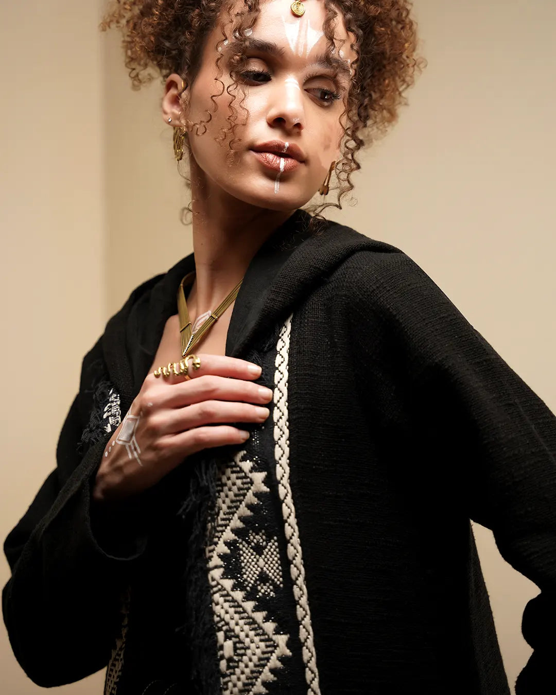 Unisex Long Hooded Kimono | Black Embroidered