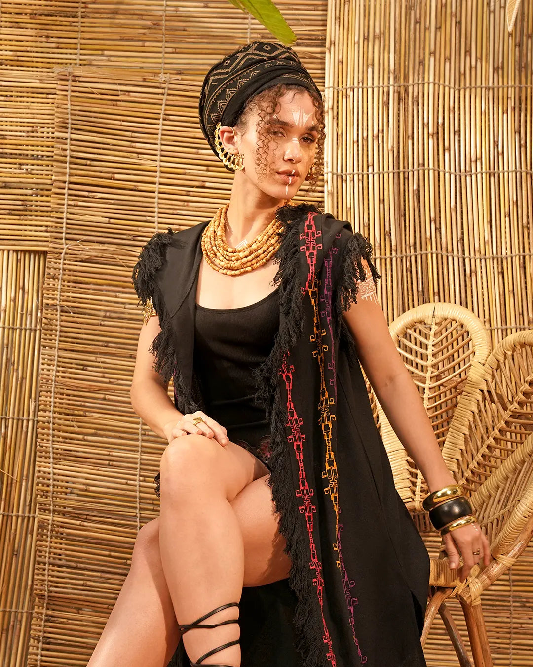 Unisex Long Hooded Kimono Black | Tribal Print Embroidered