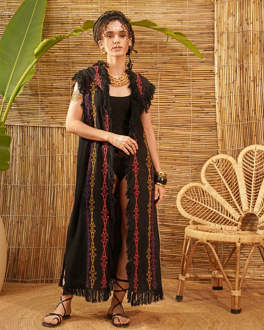 Unisex Long Hooded Kimono Black | Tribal Print Embroidered