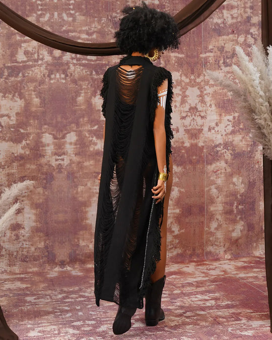 Unisex Long Kimono | Black Embroidered