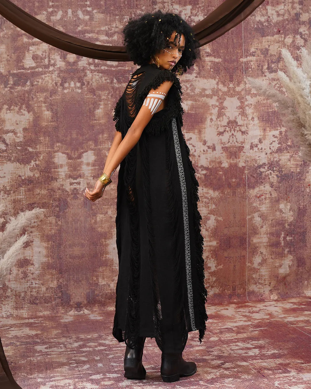 Unisex Long Kimono | Black Embroidered