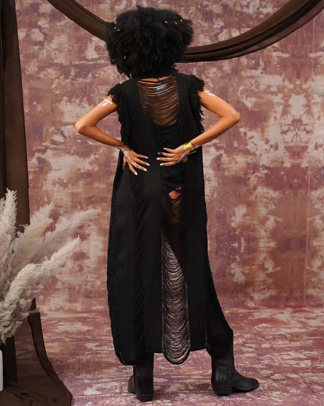 Unisex Long Kimono | Black Embroidered