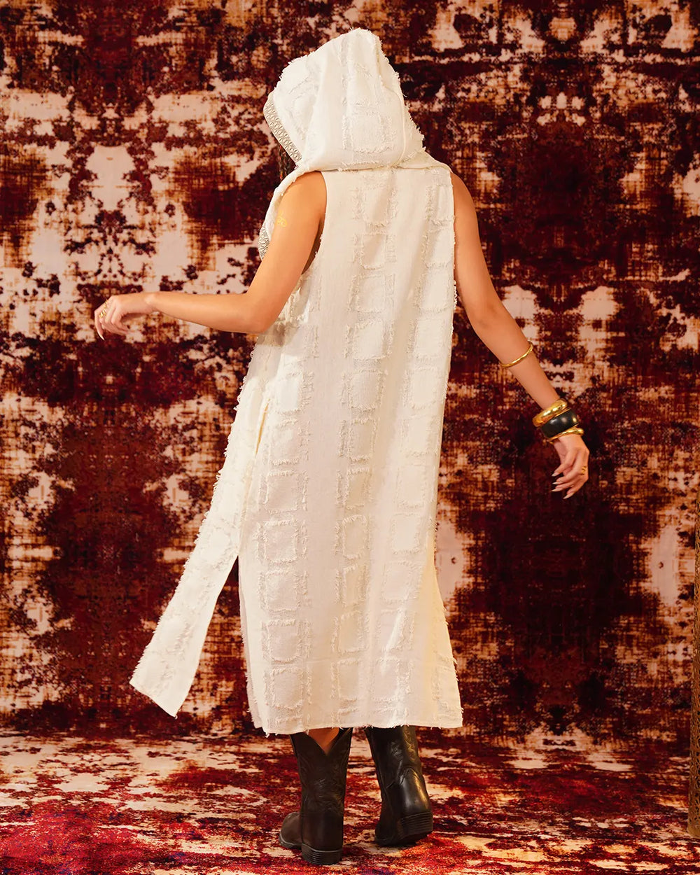 Unisex Long Hooded Kimono | Off-White Embroidered