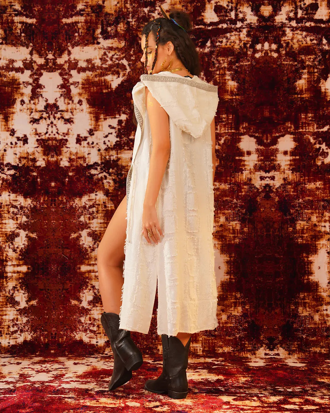 Unisex Long Hooded Kimono | Off-White Embroidered