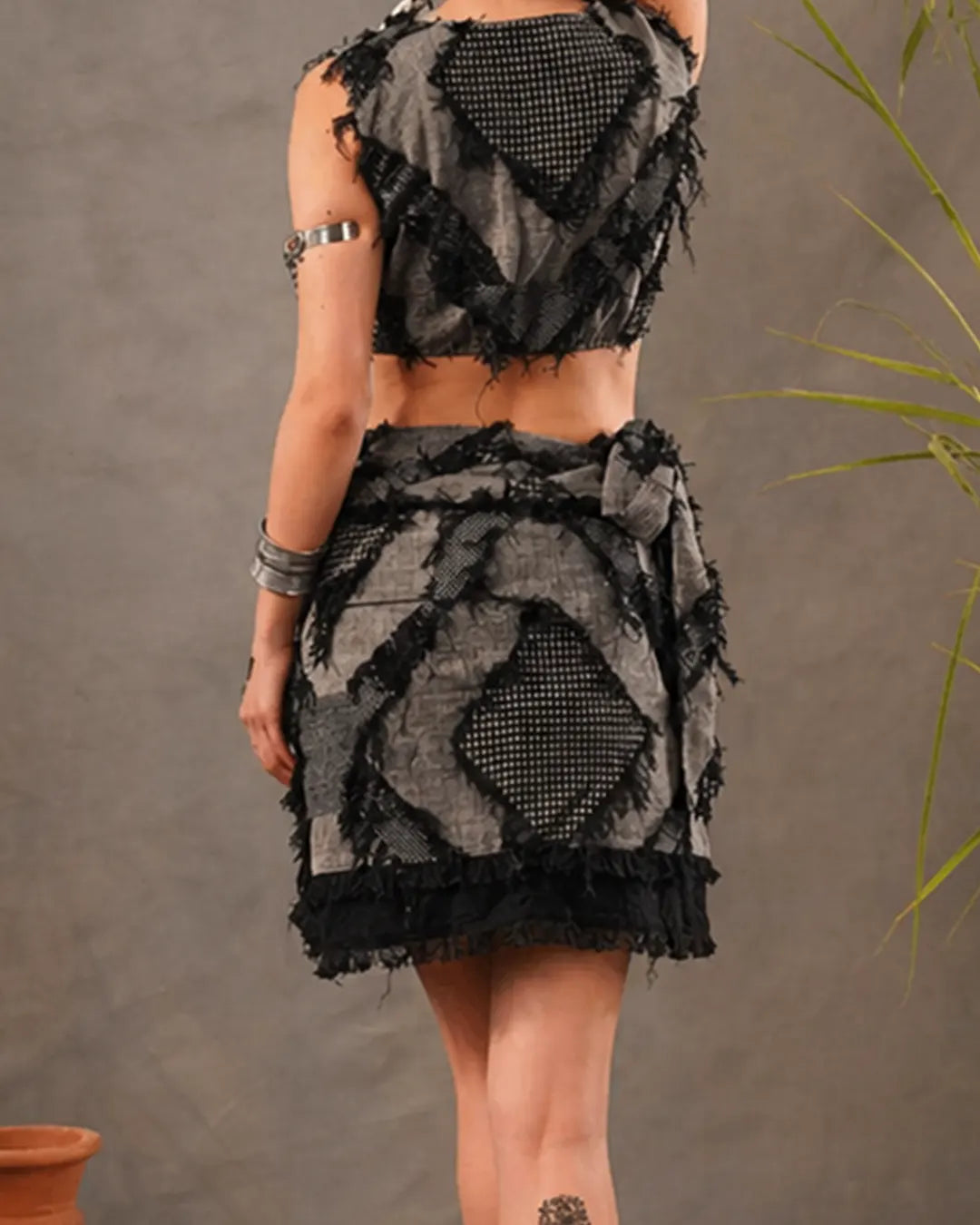 Black &amp; Sliver Grey Wrap Mini Festival Skirt