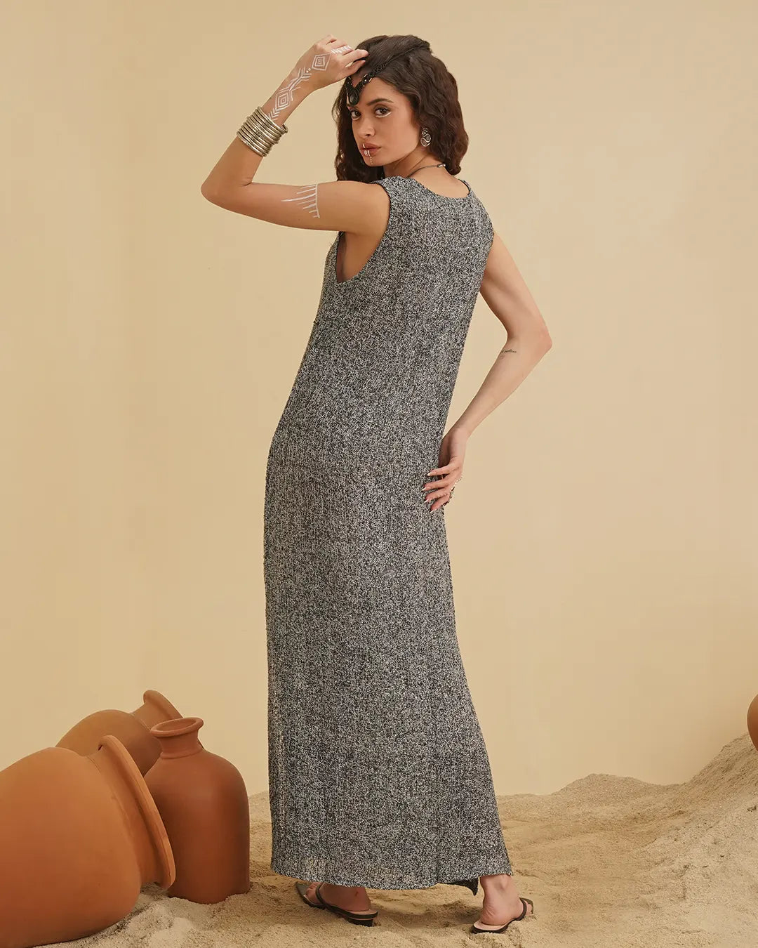 Silver String Spinder Long Dress for Women's