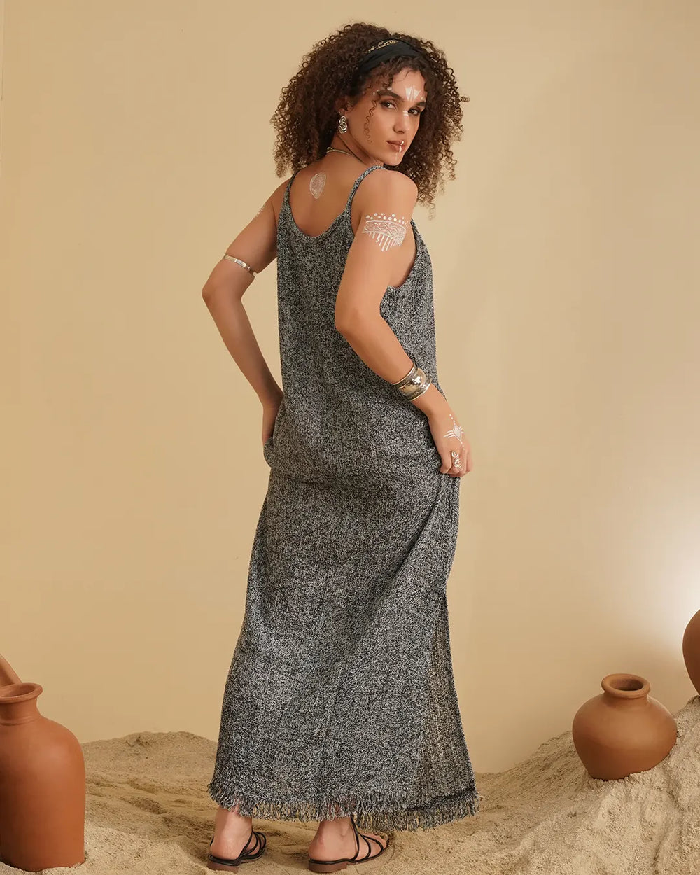 Silver String Spinder Long Dress for Women's