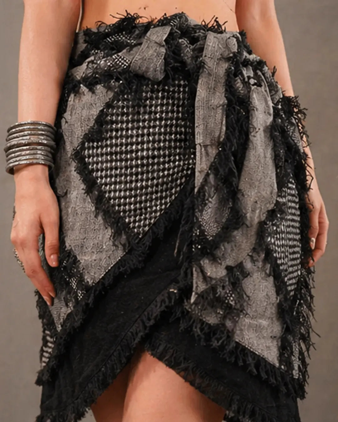 Black &amp; Sliver Grey Wrap Mini Festival Skirt