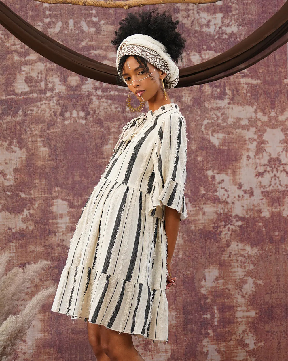 Short Buttons Mini Dress | Black & White Striped