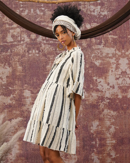 Short Buttons Mini Dress | Black & White Striped