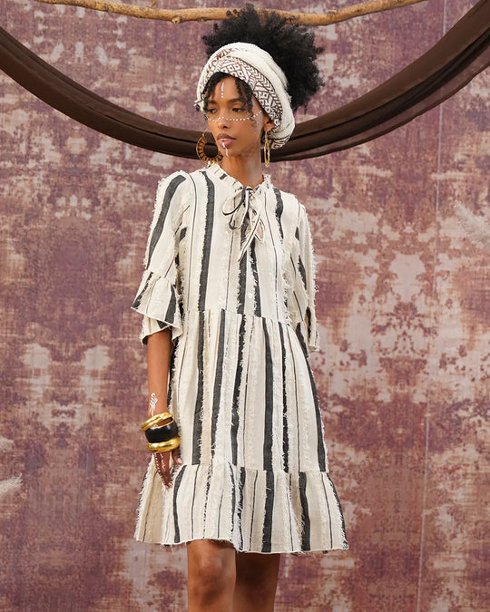 Short Buttons Mini Dress | Black & White Striped