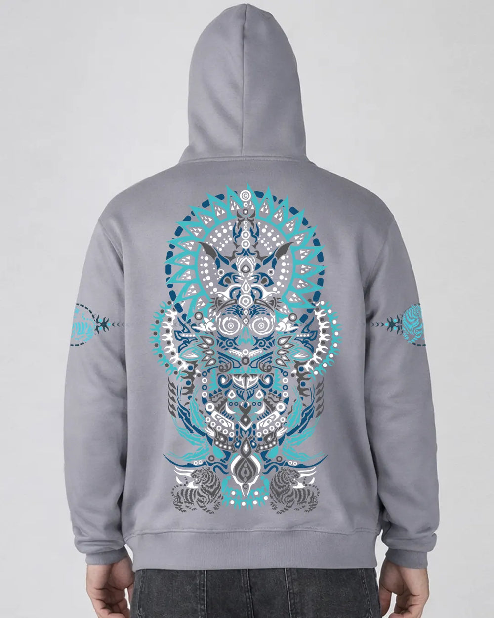 Gray hoodie with a blue and white intricate design on the back against a light gray background