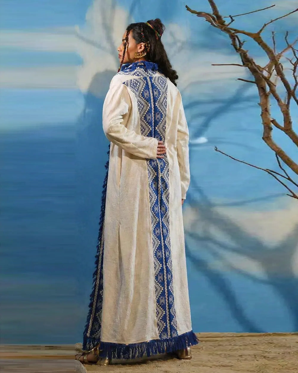 White Blue Tribal Print Long Jacket for Women