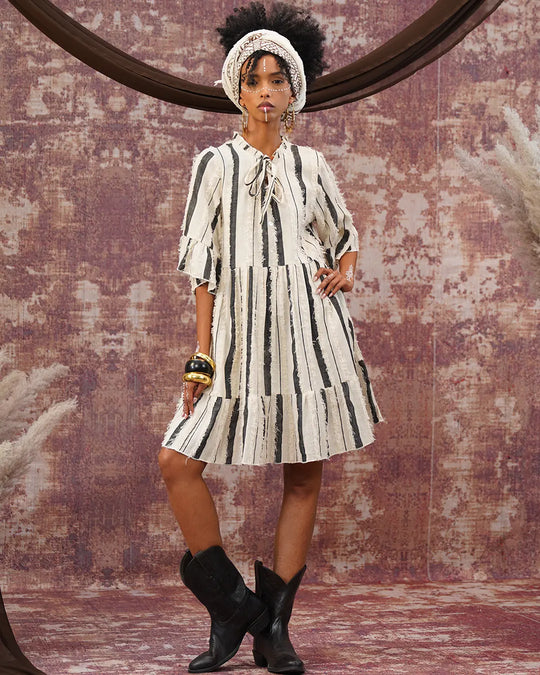 Short Buttons Mini Dress | Black & White Striped