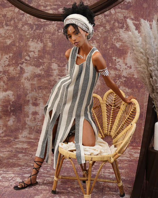 AANA Cotton Dress| White & Silver Grey Striped