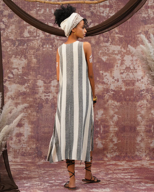 AANA Cotton Dress| White & Silver Grey Striped
