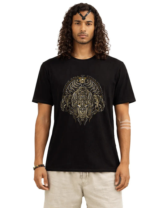 Man wearing a black t-shirt with a graphic design on a white background