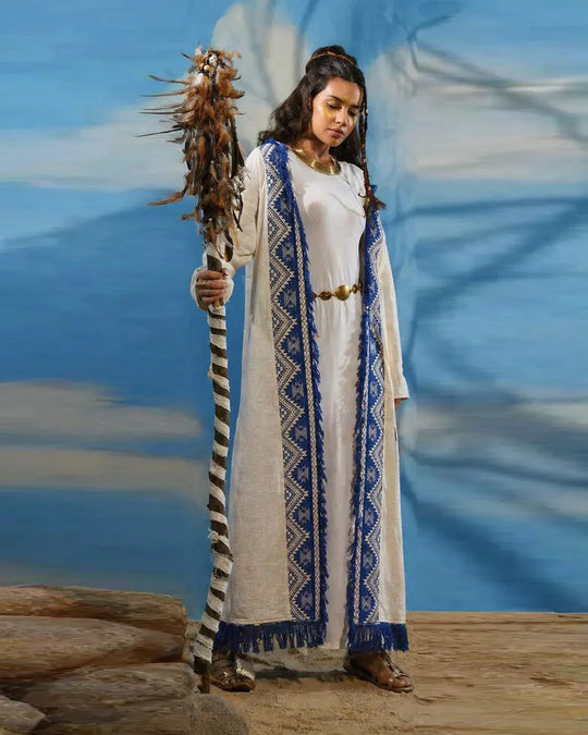 White Blue Tribal Print Long Jacket for Women
