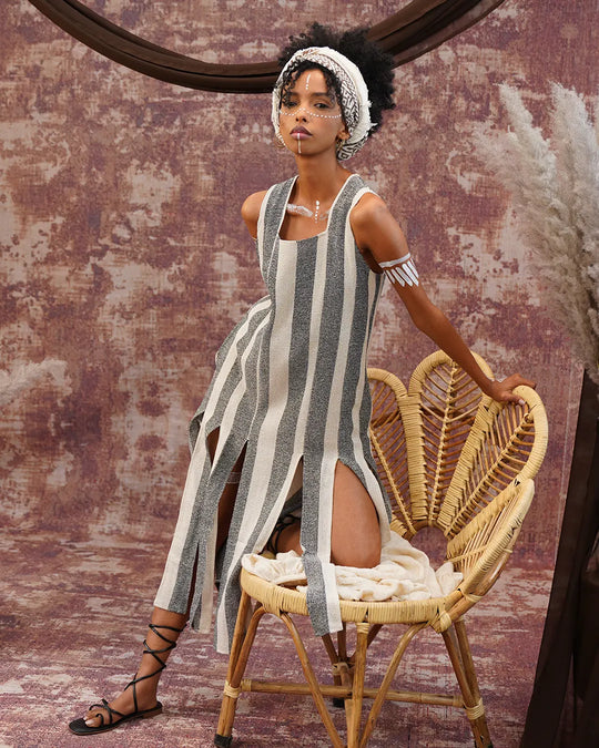 AANA Cotton Dress| White & Silver Grey Striped