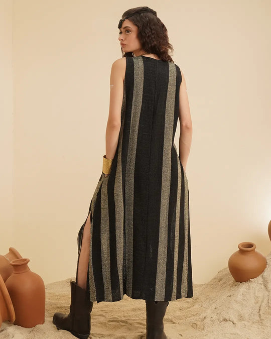 AANA Cotton Dress| Black & Gold Striped