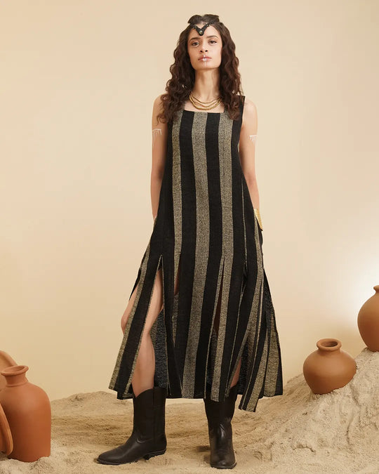 AANA Cotton Dress| Black & Gold Striped