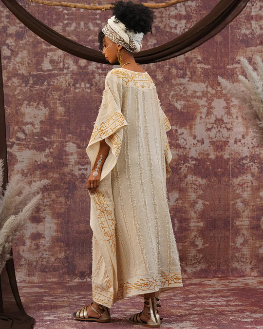 Closed Kaftan | Gold Block Print on Off-White