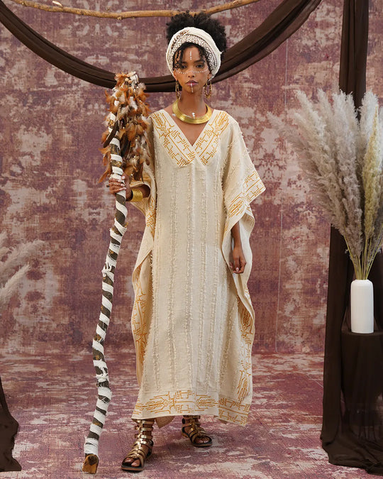 Closed Kaftan | Gold Block Print on Off-White