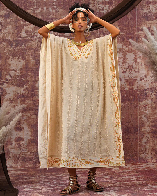 Closed Kaftan | Gold Block Print on Off-White