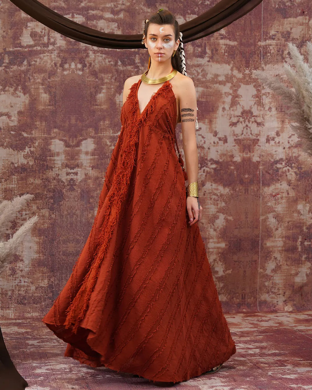 Rust Wine Butterfly Maxi Dress | Open Back Tie-Up